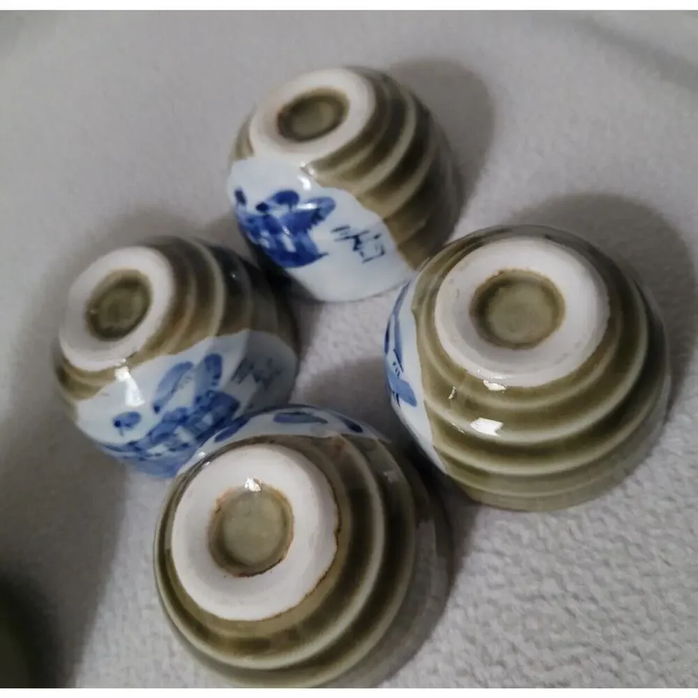 Vtg Set 5 Sake Rice Green Pottery Japanese Drink Cups Pitcher Pinch Pottery